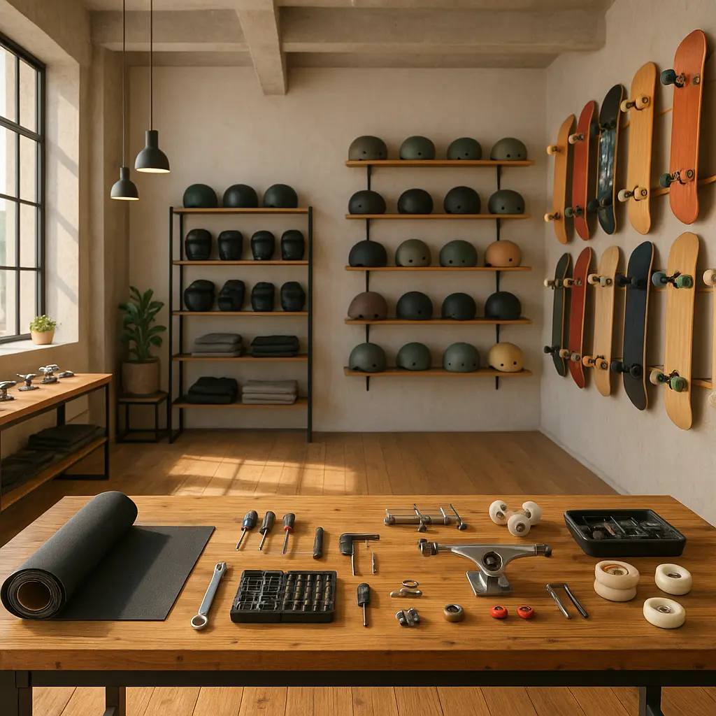 Interiér skateboardové prodejny s pracovním stolem