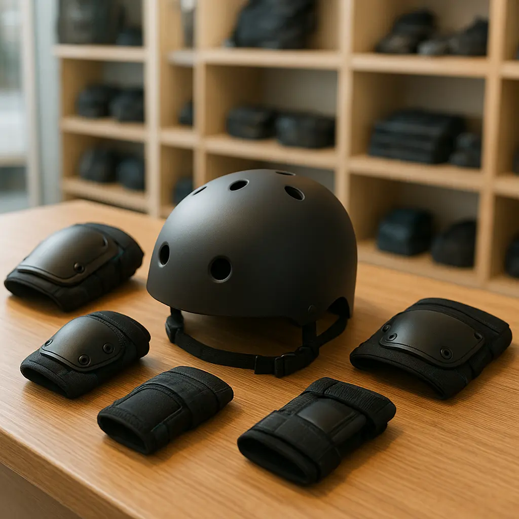 Chrániče a helma na pultu